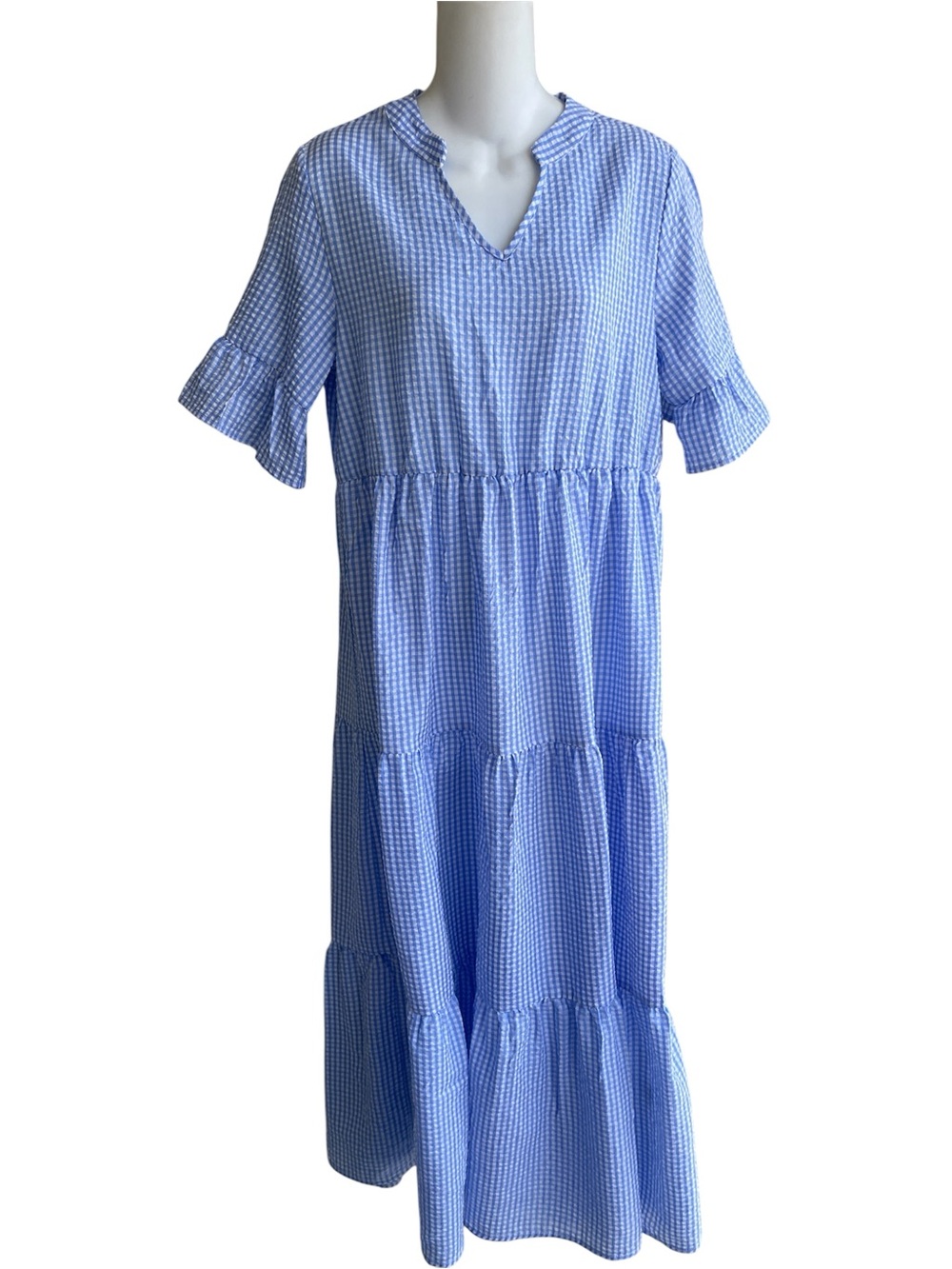 Emery Rose Light Blue White Plaid Gingham Tired Maxi Dress Flowy Woman's Small
